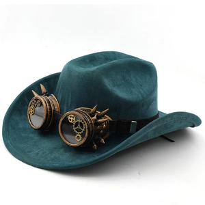 Detail of steampunk cowboy hat in dark green suede with copper gears and goggles