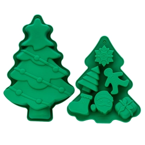 Green Christmas silicone molds with Christmas tree gingerbread man and snowflake patterns