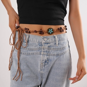 Ethnic braided waist chain with brown wooden beads and turquoise flower charms