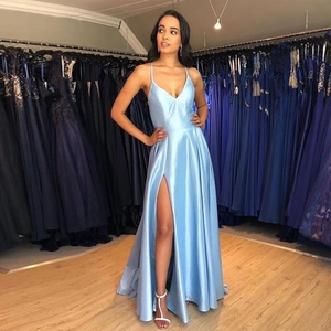 Women Satin Evening Dress V-Neck Spaghetti Straps High Slit Backless Lace Up Formal Prom Gala Gown Elegant Sleeveless