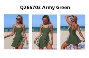 Three-way view of army green skirt swimsuit with bow tie waist and geometric trim details