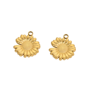 Detailed view of two gold daisy flower charms in brushed stainless steel for DIY jewelry