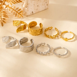 Titanium steel adjustable rings set featuring hollow heart and angel wing designs
