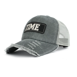 Vintage dark grey washed cotton baseball cap with TIME 1986 patch and distressed brim
