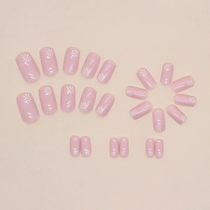 Pink press-on nail set featuring daisy patterns and glossy square-oval shape nails