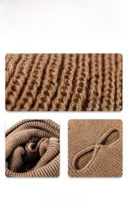 Close-up of thick brown ribbed knit fabric and reinforced eyelet detail on winter hat