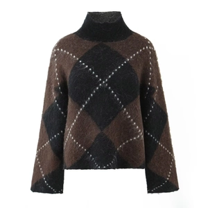 Women's turtleneck oversized sweater and skirt set with brown and black argyle pattern