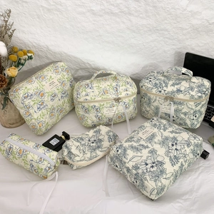 6-piece blue floral quilted cosmetic bag set with large travel wash bags and pouches