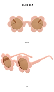 Detailed front and side view of pink flower-shaped sunglasses with round tea lenses