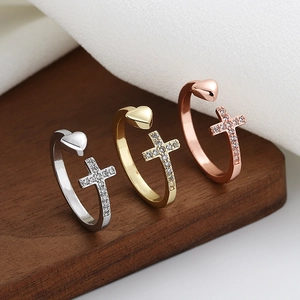 Cross and heart open ring with rhinestones in silver, gold, and rose gold finishes