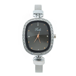 Elegant women's silver mesh watch with rhinestone bezel and black oval dial by Tadi