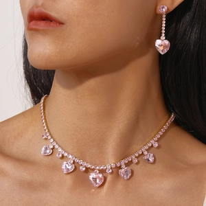 Heart Pendant Necklace And Tassel Stud Earrings Copper Zircon Rhinestone Elegant Retro Sparkling Women Jewelry