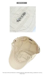 Detail view of the khaki flat cap showing fine stitching and metal SPORTS logo