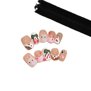 Cute cherry and cat handmade press-on nails set in pink and white glossy finish