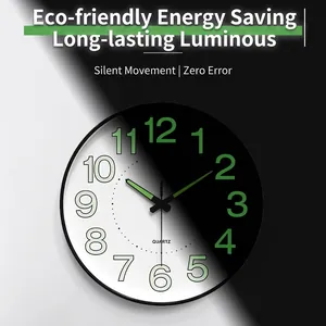 Luminous 25cm wall clock with silent quartz movement and glow in the dark numerals