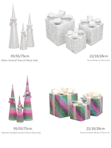 Dettaglio dei set di scatole regalo di Natale e alberi a cono in argento e sfumature