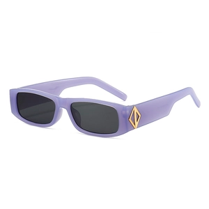 Rectangle purple sunglasses with thick temples and gold geometric accents for women