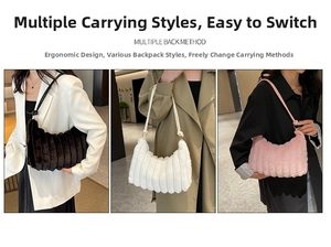 Dettaglio di borse in peluche nero bianco e rosa con cuciture verticali trapuntate