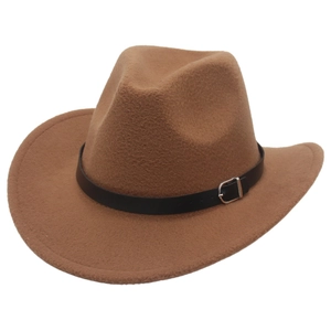 Brown western cowboy felt hat with wide brim and black leather belt buckle accessory