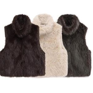 Women's faux fur high neck vest in dark brown, beige, and grey-black colors