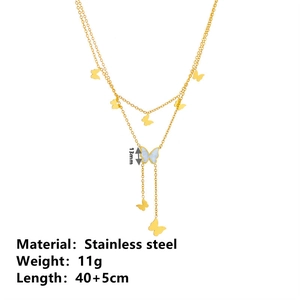Double layer stainless steel butterfly necklace in gold finish with size and weight info