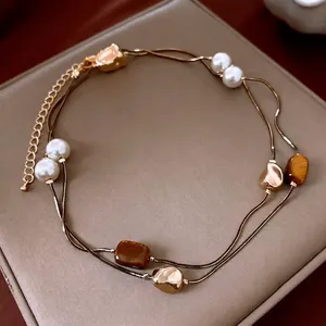 Collier En Cuivre Vintage Avec Künstliche Perle D'imitation Et Pierre D'oeil De Tigre Synthétique Style Français Rétro Pour Femme