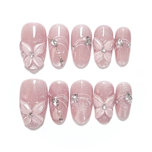 Press On Nails With 3D Butterfly Cat Eye Glitter Sparkly Ice Translucent Rhinestone Artificial Pearl Artificial False Nails