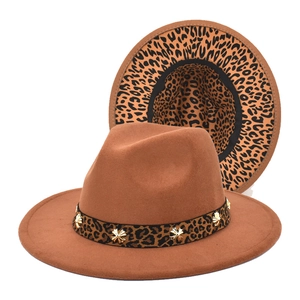 British style wool fedora hat with leopard band, gold stars and leopard print lining