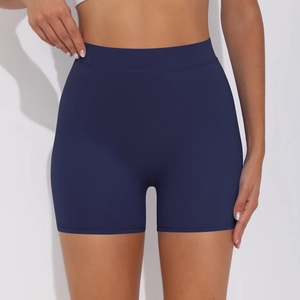 Close-up of seamless navy high-waisted yoga shorts with scrunch butt lift detail