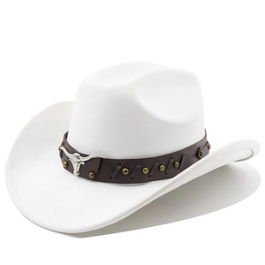 Detail of white suede cowboy hat with brown leather band and silver bull head ornament