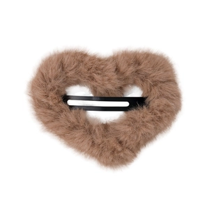 Brown fuzzy plush heart-shaped hair clip with black metal snap fastener for women