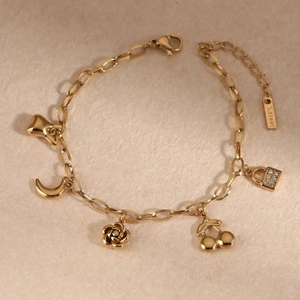 Stainless Steel Multi Charm Bracelet For Women Rhinestone Moon Rose Cherry Heart PVD Plated Tarnish Free Jewelry