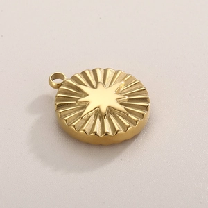 Gold plated stainless steel round pendant with embossed starburst and radial texture