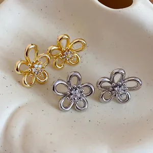 Hollow Flower Stud Earrings With Zircon Center And Silver Earring Post Elegant Copper Jewelry For Women