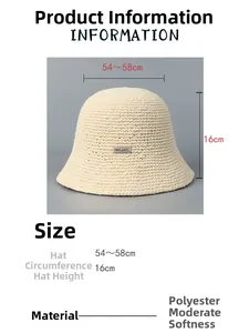 Detailed size specifications and material info for the hand-woven beige bucket sun hat
