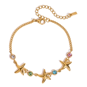 Titanium steel starfish bracelet with colorful zircon gems and adjustable gold-plated chain