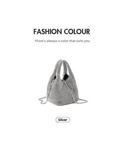 Detail shot of a silver rhinestone bucket bag showing sparkling crystal mesh and metal chain