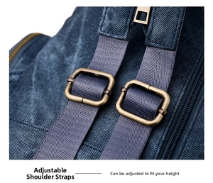 Detail of adjustable shoulder straps with bronze buckles on a vintage canvas backpack