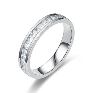 Macro view of silver titanium steel eternity ring with inset cubic zirconia stones