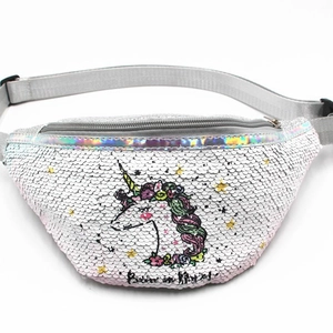 Kids silver sequin fanny pack featuring a colorful unicorn with adjustable strap
