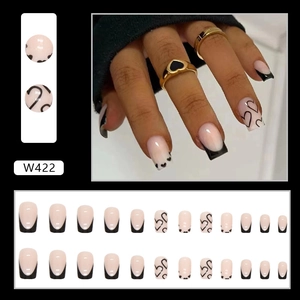 French black tip press-on nails with heart pattern and medium square shape 24pcs