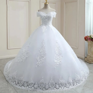 Elegant off-shoulder white lace wedding dress with a long train and beaded floral appliques