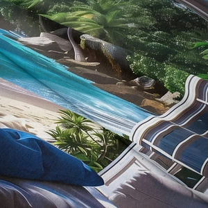 Close-up of microfiber tapestry with tropical beach and garden landscape prints