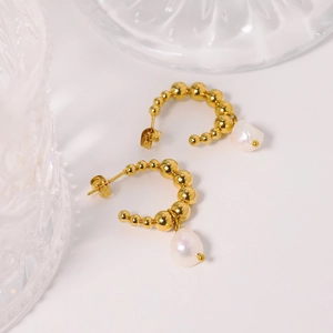 Vintage C-Shape Hoop Earrings Gold Plated Titanium Steel Beaded With Natural Freshwater Artificial Baroque Pearl Dangle Women