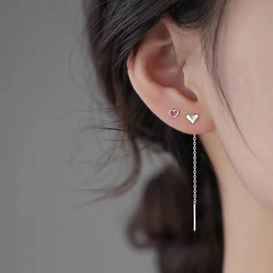 Minimalist S925 sterling silver heart tassel drop earrings shown on model