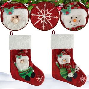 Detailed views of plush Santa and Snowman Christmas stockings with embroidery and knit fabric