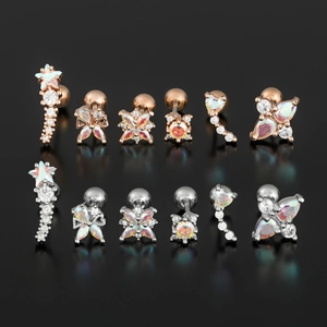 12-piece rose gold and silver geometric stud earring set with opals and crystals