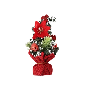Mini Christmas tree ornament with red poinsettia and checkered base for table decor