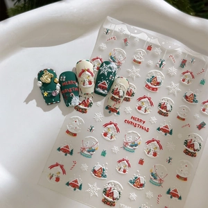Autocollants Art Des Ongles 5D Relief Noël Bonhomme De Neige Flocon De Neige Maison Auto-adhésif Manucure Décors Femmes