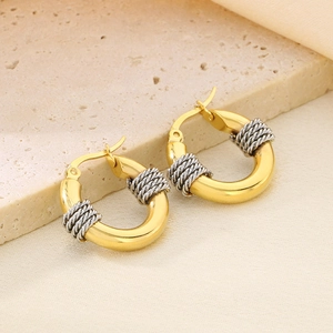 Detailed view of two-tone twisted metal hoop earrings in gold and silver finish